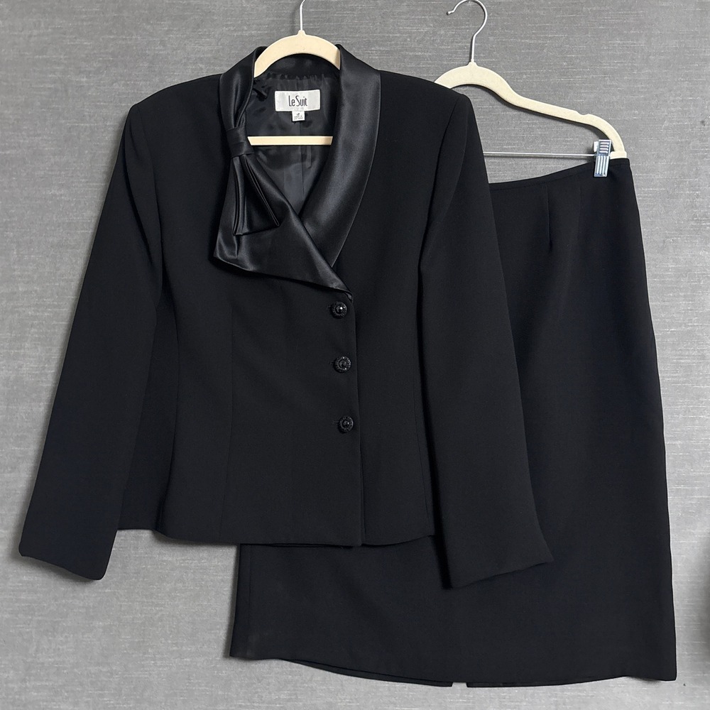 Le Suit Skirt Suit 16 Black Satin Trim Shawl Collar Bow Cocktail Formal Evening
